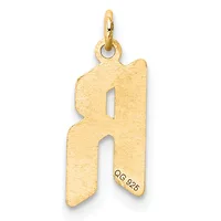Gold letter "A" pendant with a textured finish and a small stamped hallmark on the lower right, suspended from a gold bail.