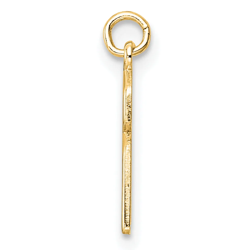 A gold-toned metal eye hook with a long cylindrical shaft and a small stamped hallmark, shown vertically against a white background.