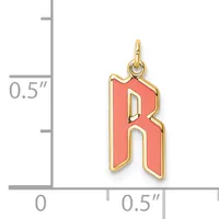 A gold-toned pendant charm shaped like the letter R with a coral red enamel background, shown next to a ruler indicating approximately half an inch in size.
