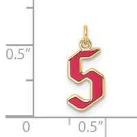 Gold-toned pendant with red enamel number 5, shown next to a ruler indicating its size is approximately half an inch wide.