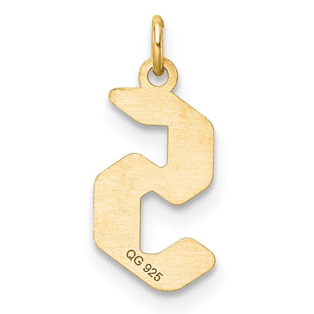 Gold pendant charm in the shape of a stylized letter S with a small stamped hallmark on the lower portion and a loop attachment at the top.