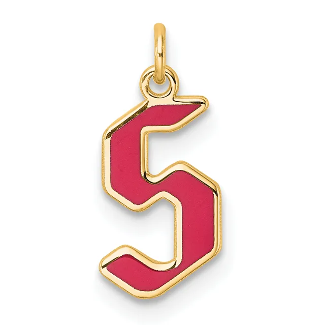 Gold pendant charm with a red enameled number 5, featuring a gold loop at the top for attachment to a chain or bracelet.