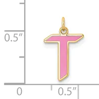 Gold-toned cross pendant with pink enamel fill, shown next to a measurement scale indicating approximately 0.5 inches in height and width.