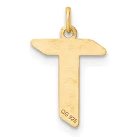 A gold cross pendant with a rounded loop at the top and a small stamped hallmark on the lower shaft, shown against a white background.