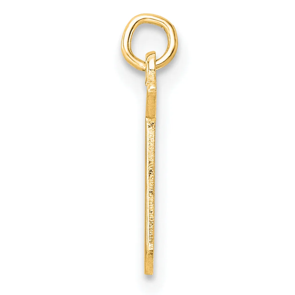 A gold pendant charm consisting of a ring at the top connected to a long rectangular bar with a small stamped hallmark, shown against a white background.