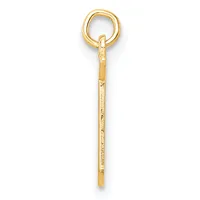 A gold pendant charm consisting of a ring at the top connected to a long rectangular bar with a small stamped hallmark, shown against a white background.