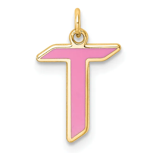Gold-outlined cross pendant with pink enamel fill and a small loop at the top for hanging.