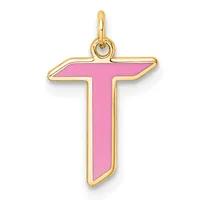 Gold-outlined cross pendant with pink enamel fill and a small loop at the top for hanging.