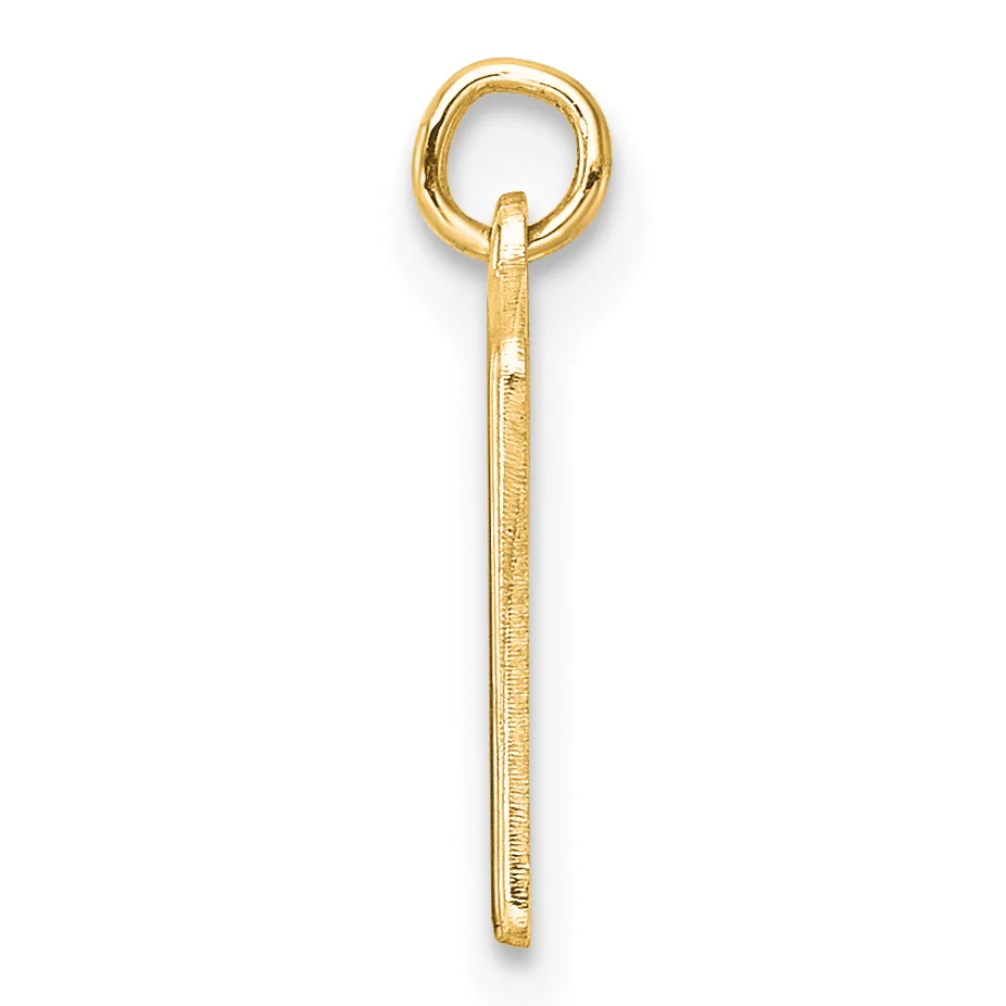 A gold-colored metal pendant consisting of a long rectangular bar with a small stamped hallmark, suspended from a round loop at the top.