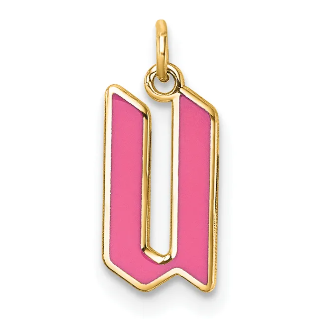 Gold-toned pendant charm with pink enamel inlay in the shape of a bookmark or ribbon with a loop at the top for attachment.