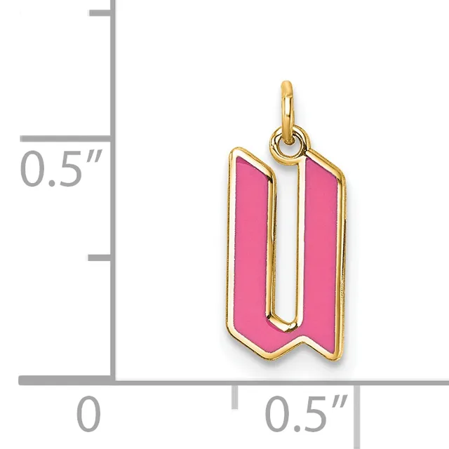 Pink enamel pendant with gold-tone frame in a shield shape, shown next to a measurement scale indicating approximately 0.5 inches in height.