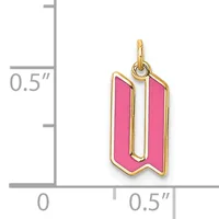 Pink enamel pendant with gold-tone frame in a shield shape, shown next to a measurement scale indicating approximately 0.5 inches in height.