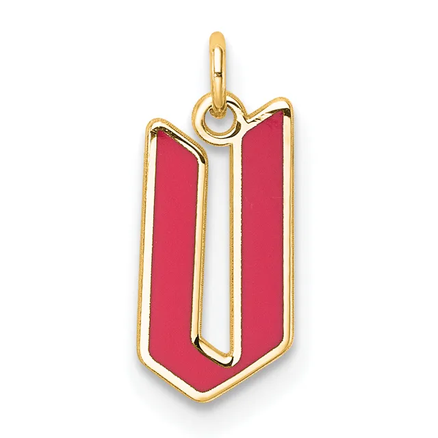 A gold-toned pendant charm shaped like a vertical shield or badge with rounded corners, featuring a bright pink enamel center and a small loop at the top for attachment.