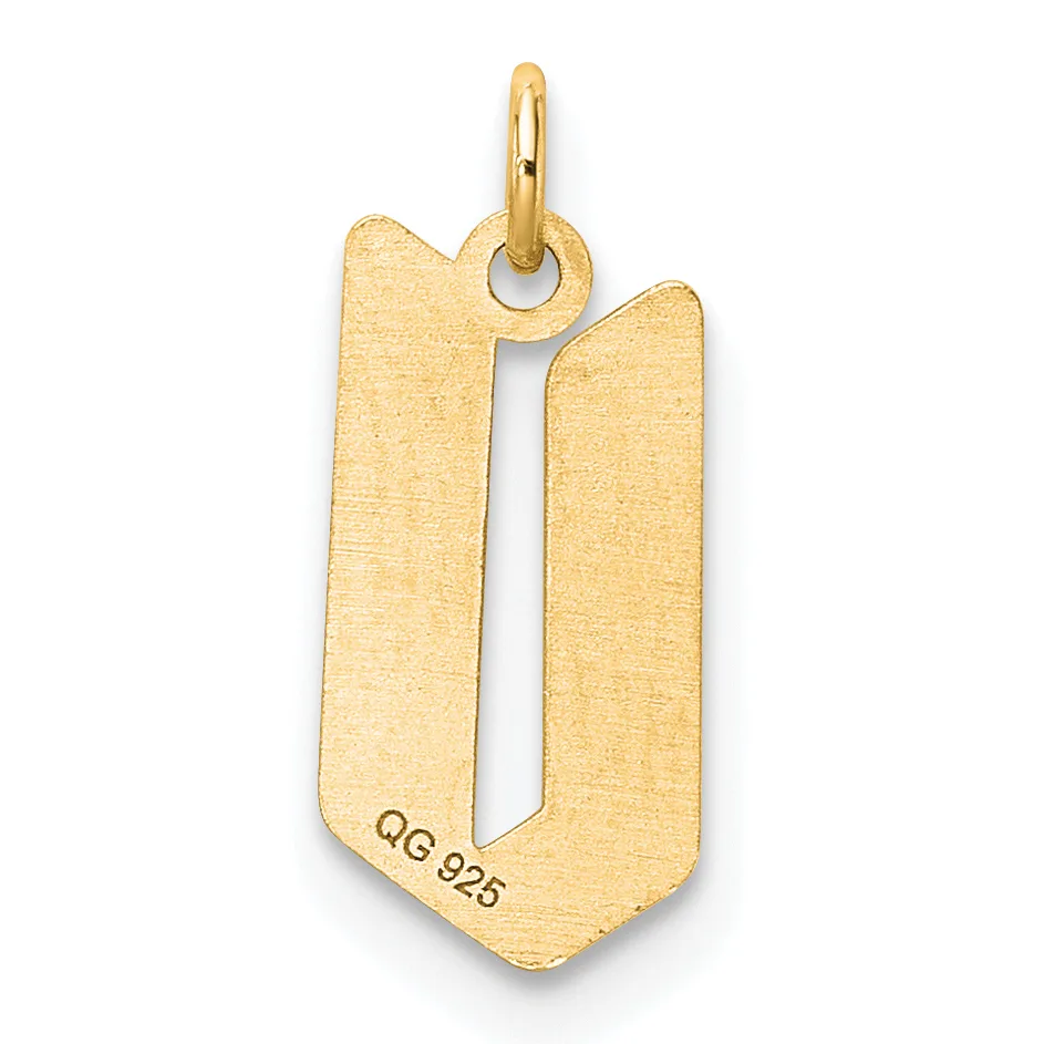 Gold pendant with a rectangular shield shape and cutout details, featuring a small stamped hallmark on the lower left and a loop bail at the top.