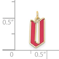 Gold-colored pendant with a red enameled shield-shaped design, shown next to a ruler indicating its size is approximately half an inch wide and tall.