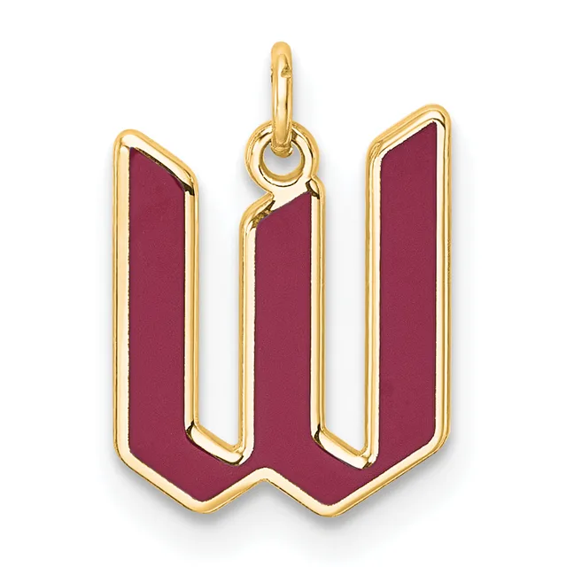 Gold-framed pendant in the shape of a stylized "W" with burgundy enamel fill and a small attached loop at the top.