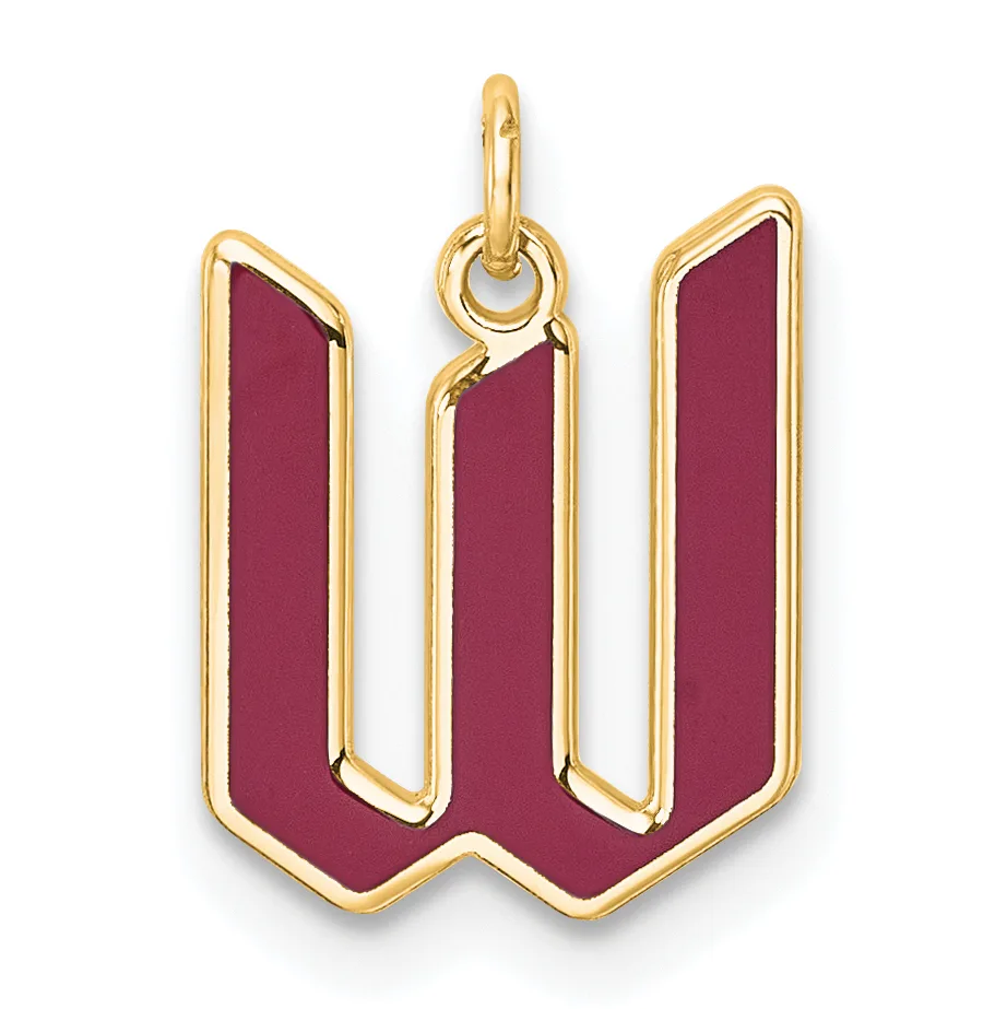 Gold-framed pendant in the shape of a stylized "W" with burgundy enamel fill and a small attached loop at the top.