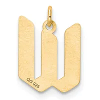 Gold pendant in the shape of the letter W with a small stamped hallmark on the lower left and a loop at the top for hanging.