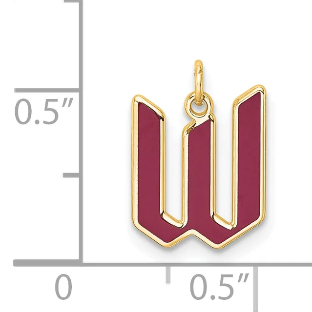 A burgundy and gold pendant charm shaped like a stylized "W" letter, shown with a measurement scale indicating it is approximately 0.5 inches wide and tall.