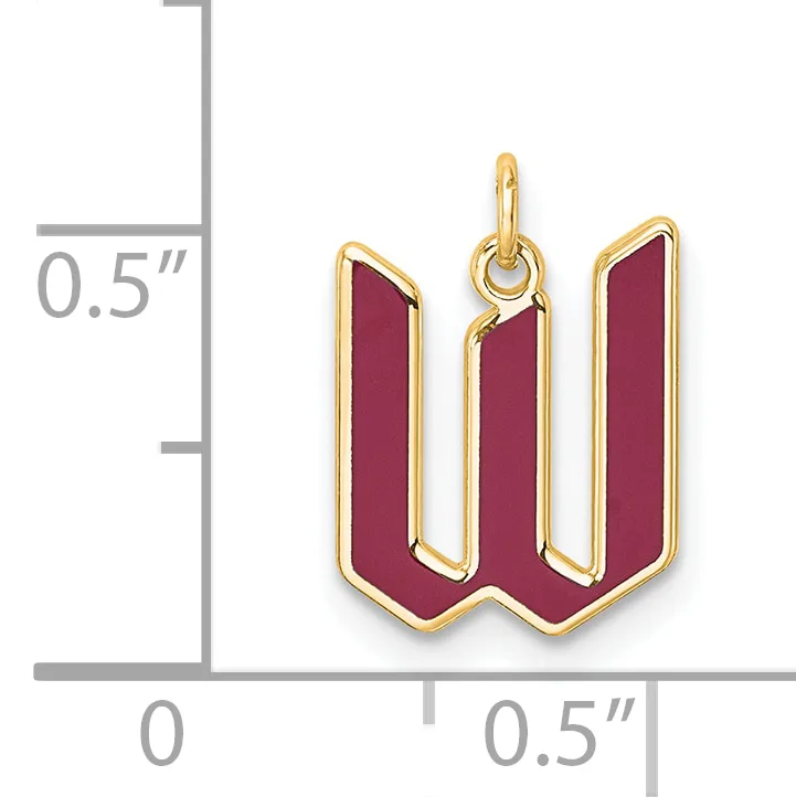 A burgundy and gold pendant charm shaped like a stylized "W" letter, shown with a measurement scale indicating it is approximately 0.5 inches wide and tall.