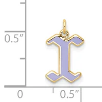 Gold-outlined pendant charm in the shape of the letter I with lavender enamel fill, shown next to a ruler indicating its size is approximately half an inch wide and tall.