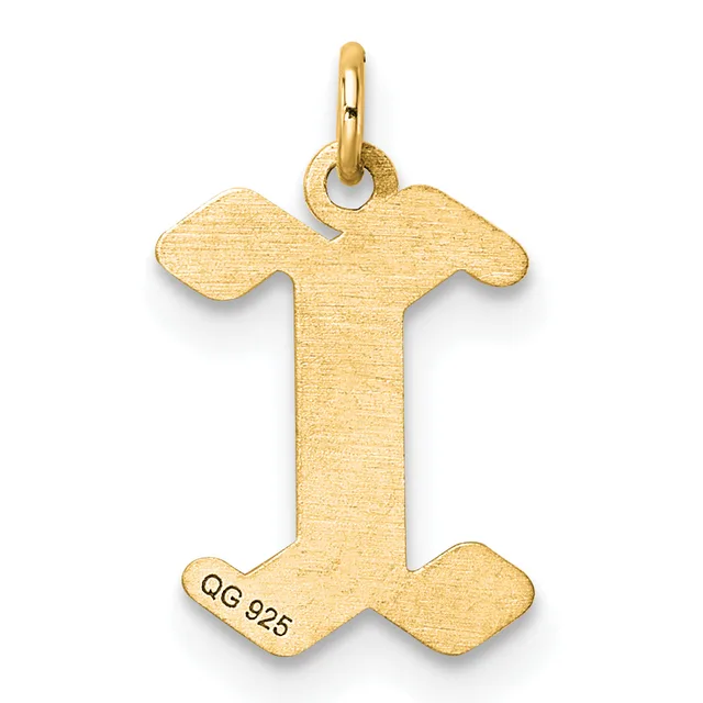 Gold pendant in the shape of a cross with flared arms, featuring a brushed finish and a small stamped hallmark on the lower left.