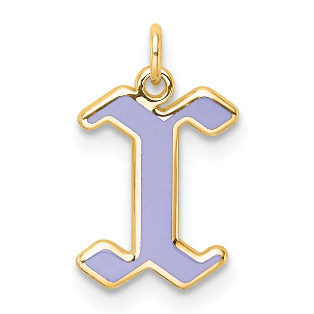Gold pendant with lavender enamel fill in the shape of the letter I with curved serifs at top and bottom.