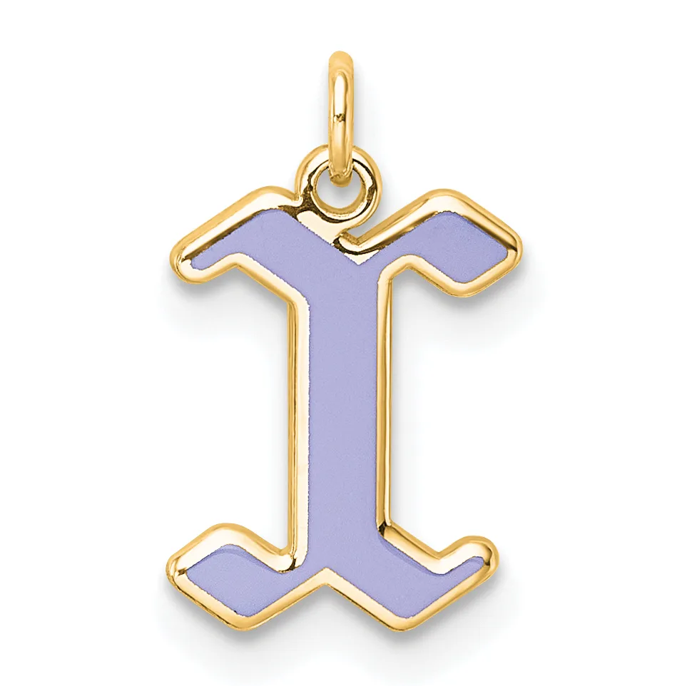 Gold pendant with lavender enamel fill in the shape of the letter I with curved serifs at top and bottom.
