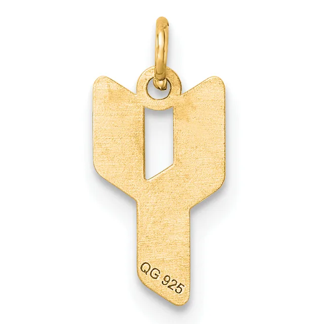 Gold key-shaped pendant with a decorative looped top and a small stamped hallmark on the shaft.