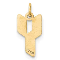 Gold key-shaped pendant with a decorative looped top and a small stamped hallmark on the shaft.