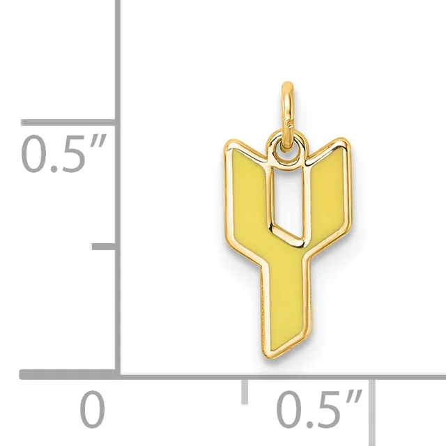 Yellow enamel cactus pendant with gold-tone metal outline and loop, shown next to a measurement scale indicating approximately 0.5 inches in height.