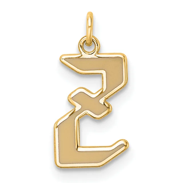 A gold letter E pendant with a hollow outlined design and a small loop at the top for attaching to a chain.