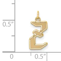 Gold-toned pendant shaped like the letter E with a hollow outlined design and a small loop at the top for hanging, shown next to a measurement scale indicating it is approximately half an inch wide.