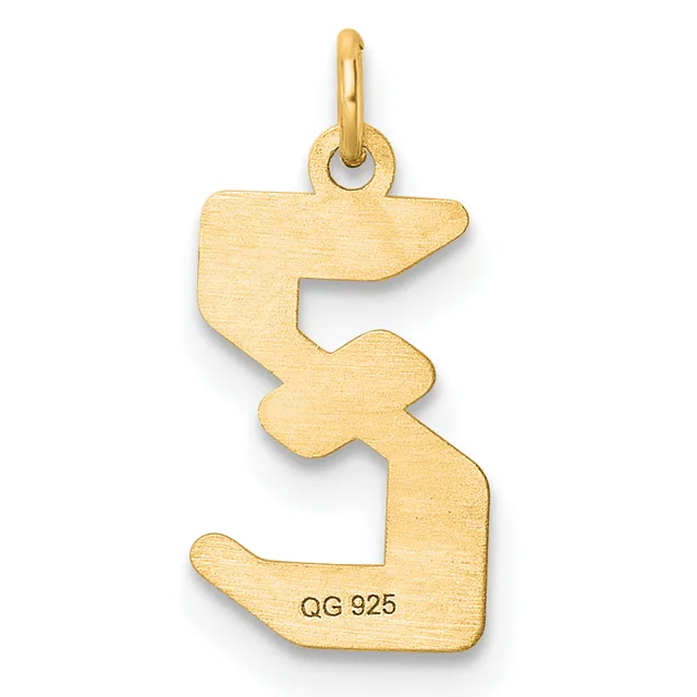 A gold pendant shaped like a stylized letter S with a small loop at the top for hanging, featuring a brushed finish and a small stamped hallmark on the lower portion.