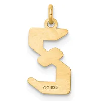 A gold pendant shaped like a stylized letter S with a small loop at the top for hanging, featuring a brushed finish and a small stamped hallmark on the lower portion.