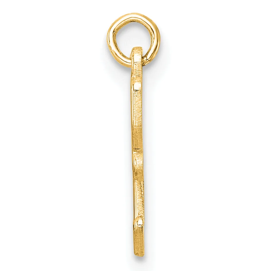 A gold pendant charm consisting of a rectangular bar attached to a circular loop at the top, with a textured surface finish.