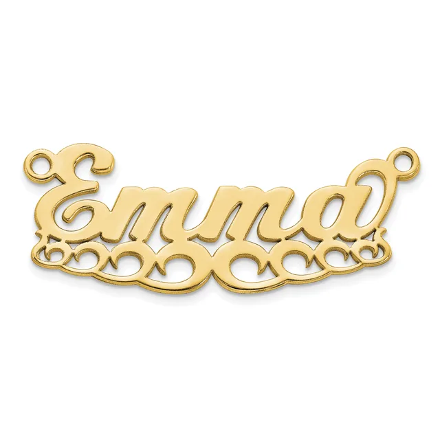 Gold-colored metal nameplate pendant with decorative scrollwork borders and two connector loops at the top and bottom.