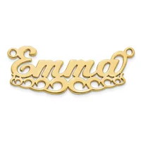 Gold-colored metal nameplate pendant with decorative scrollwork borders and two connector loops at the top and bottom.