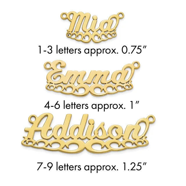 Three gold-plated nameplate pendants in cursive script with decorative filigree bases, shown in increasing sizes with their approximate dimensions listed below each.