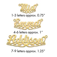 Three gold-plated nameplate pendants in cursive script with decorative filigree bases, shown in increasing sizes with their approximate dimensions listed below each.