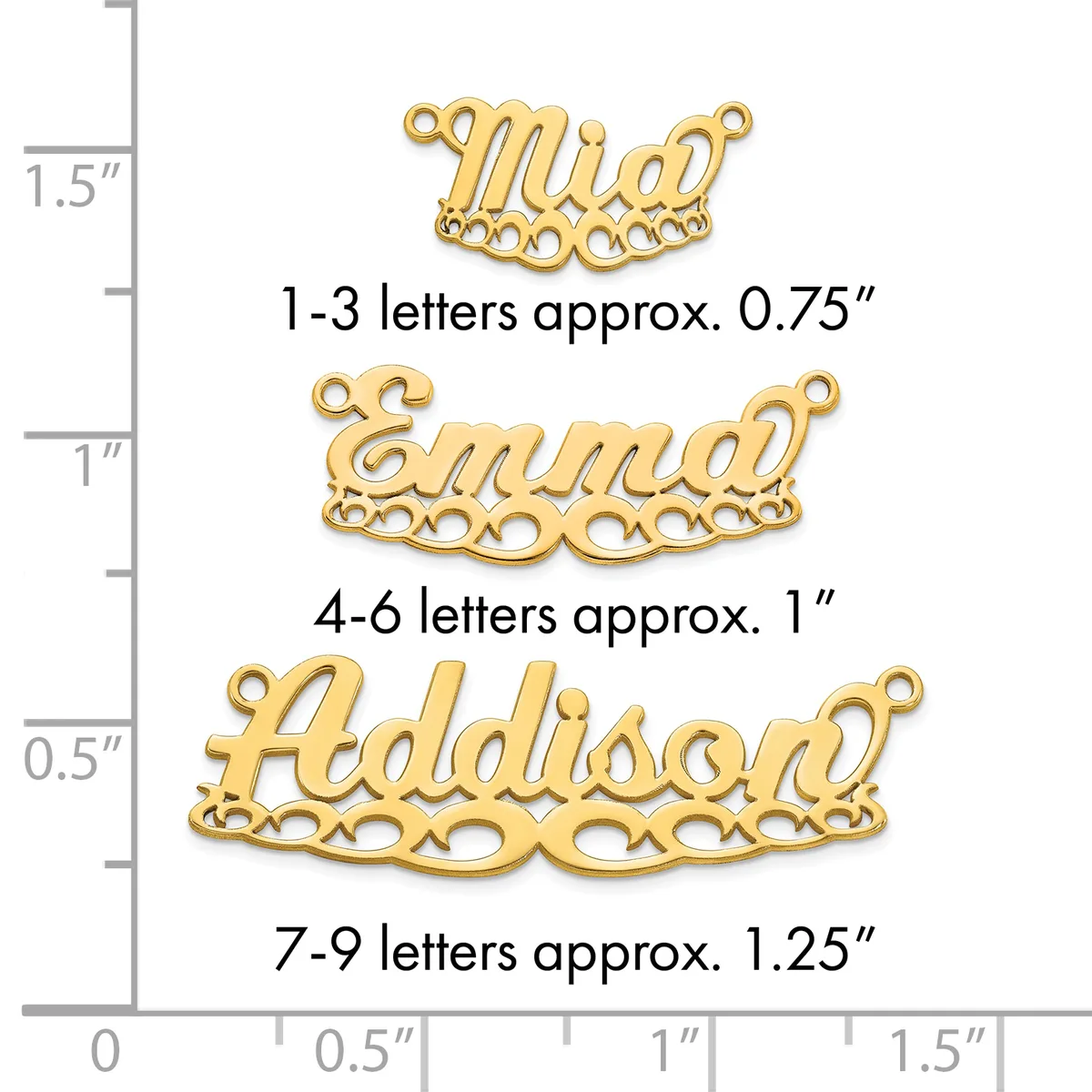 Three gold-colored nameplate pendants shown next to a ruler, displaying sizes for 1-3 letters at 0.75 inches, 4-6 letters at 1 inch, and 7-9 letters at 1.25 inches.