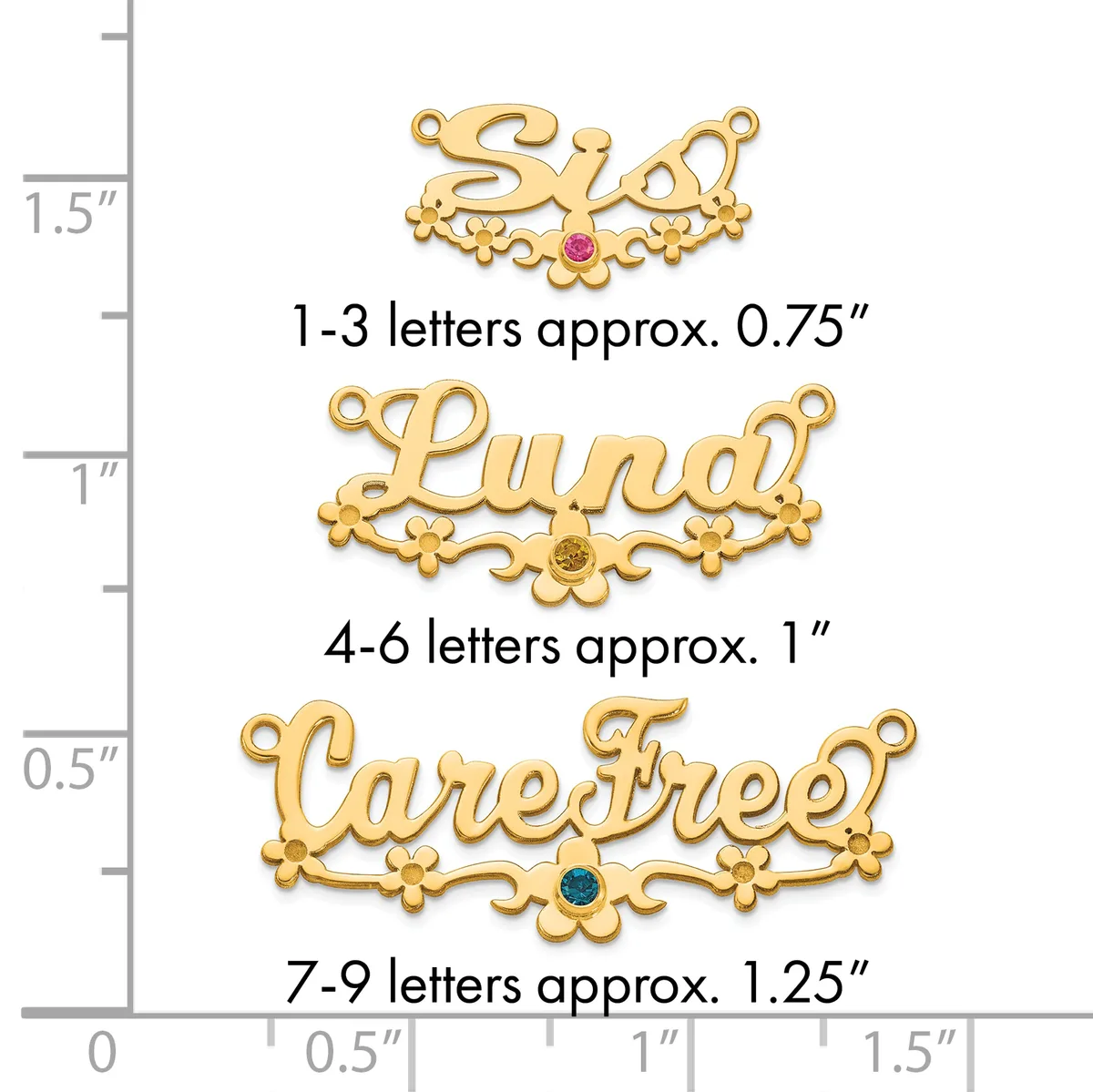 Three gold-colored decorative name plates with ornamental flourishes and gemstone centers, shown at actual size on a measurement scale indicating heights from approximately 0.75 to 1.25 inches.