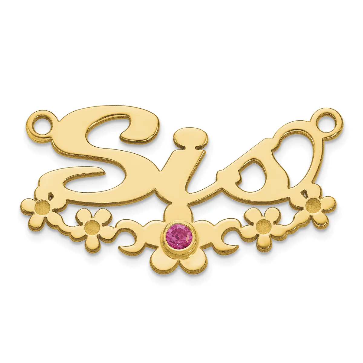 A gold decorative pendant connector featuring scrollwork and floral motifs with a pink gemstone set in the center and loops at each end.