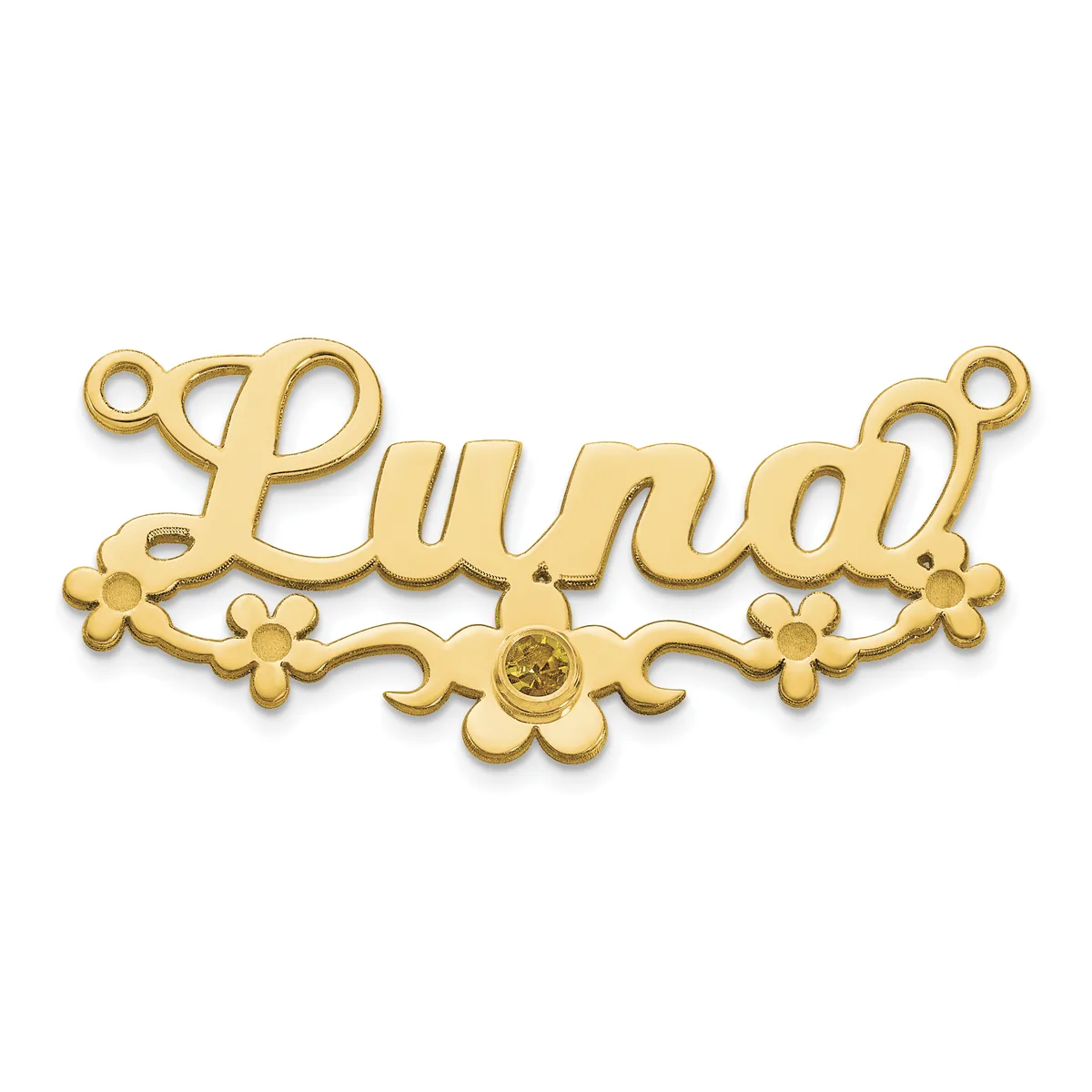 Gold-toned nameplate pendant spelling "Lund" in script with decorative floral scrollwork and loops at each end for attaching to a chain.