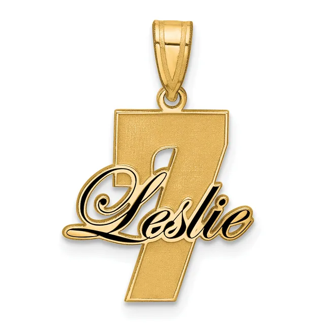 Gold pendant featuring the number 7 with the name Leslie in cursive script overlaid, suspended from a gold bail.