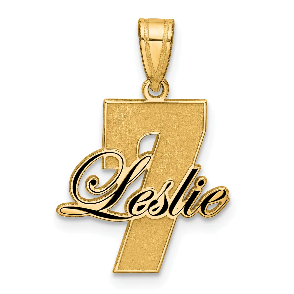 Gold pendant featuring the number 7 with the name Leslie in cursive script overlaid, suspended from a gold bail.