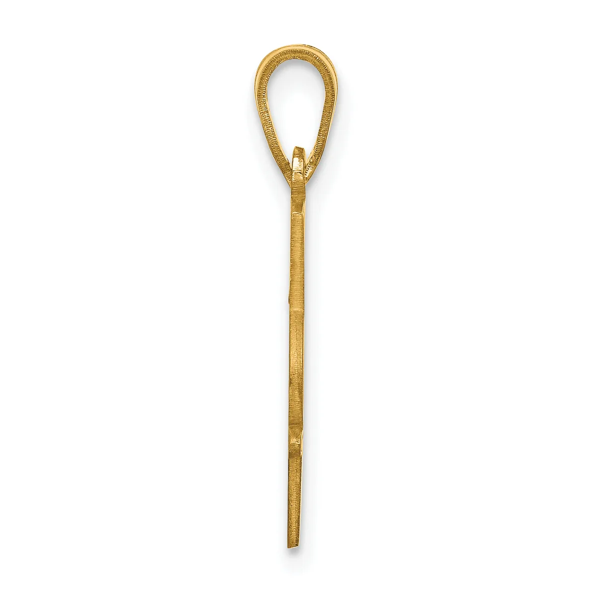 A gold-colored metal loop pendant with a long stem and small clasp detail, shown against a white background.