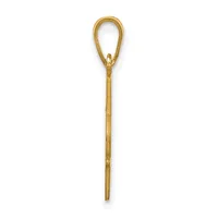 A gold-colored metal loop pendant with a long stem and small clasp detail, shown against a white background.