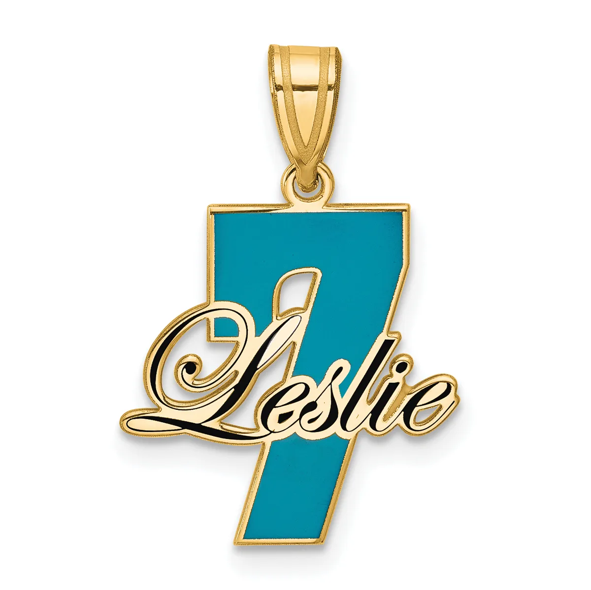 Gold pendant featuring a turquoise rectangular stone with gold script spelling "Leslie" overlaid across the front, suspended from a gold bail.