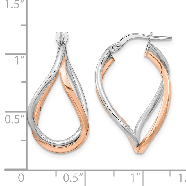 Two-tone twisted hoop earrings in silver and rose gold with a teardrop shape, shown next to a measurement scale.